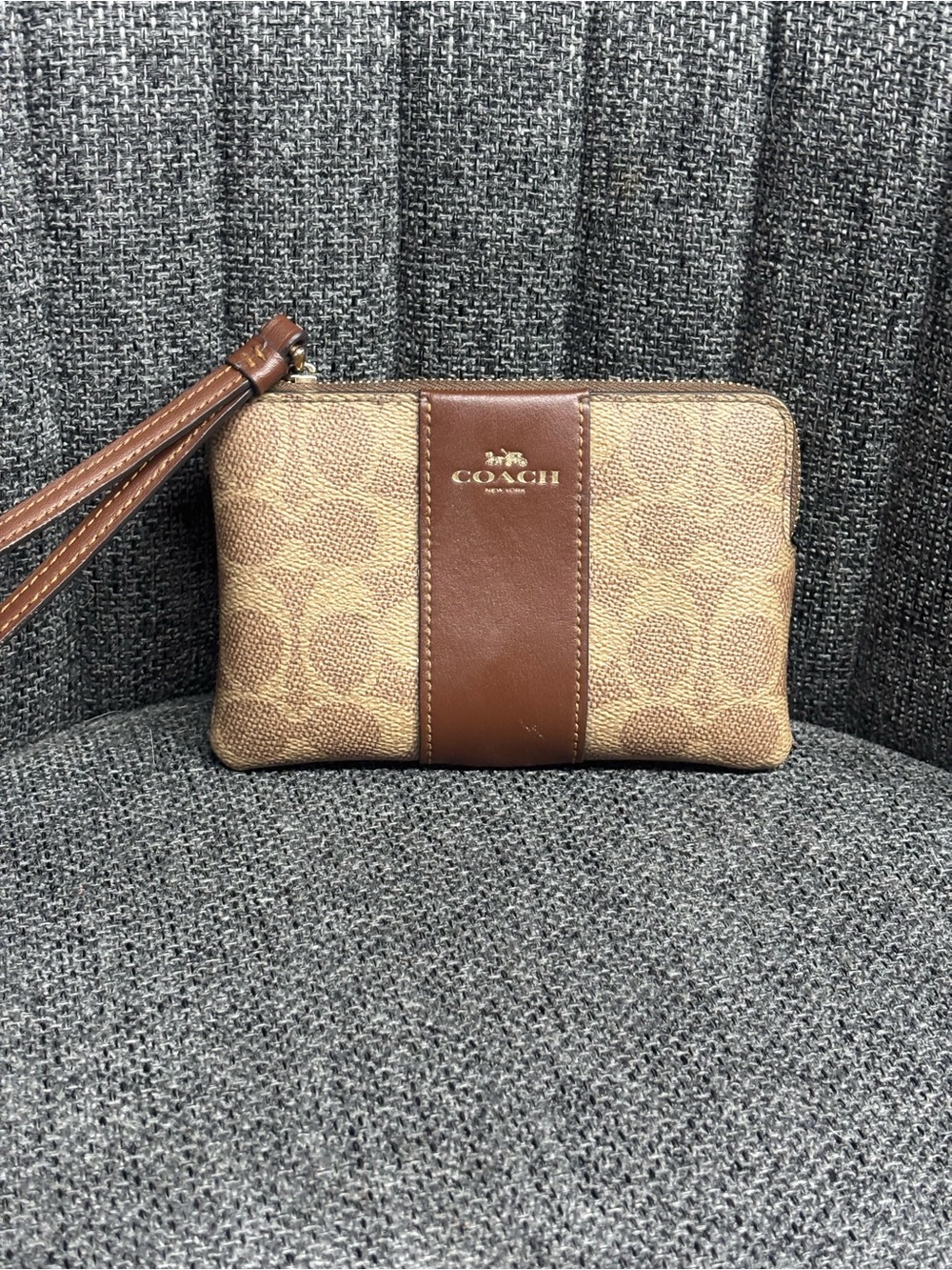 COACH Tan Monogram & Brown Leather Wristlet